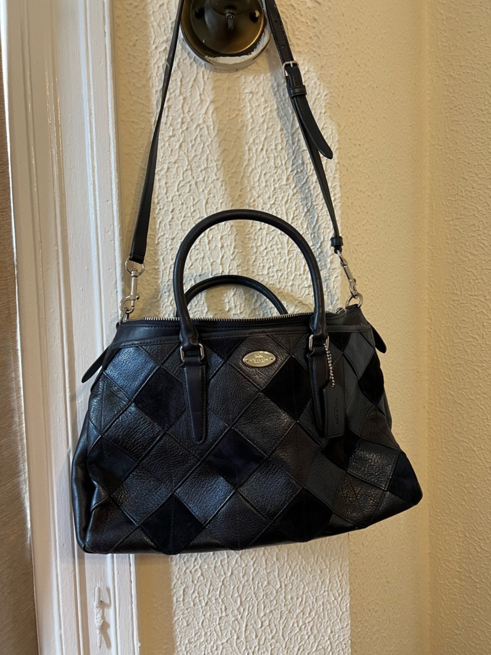 Stunning RARE Coach Morgan Diamond Patchwork Leather & Suede Satchel Bag Navy - Picture 10 of 16